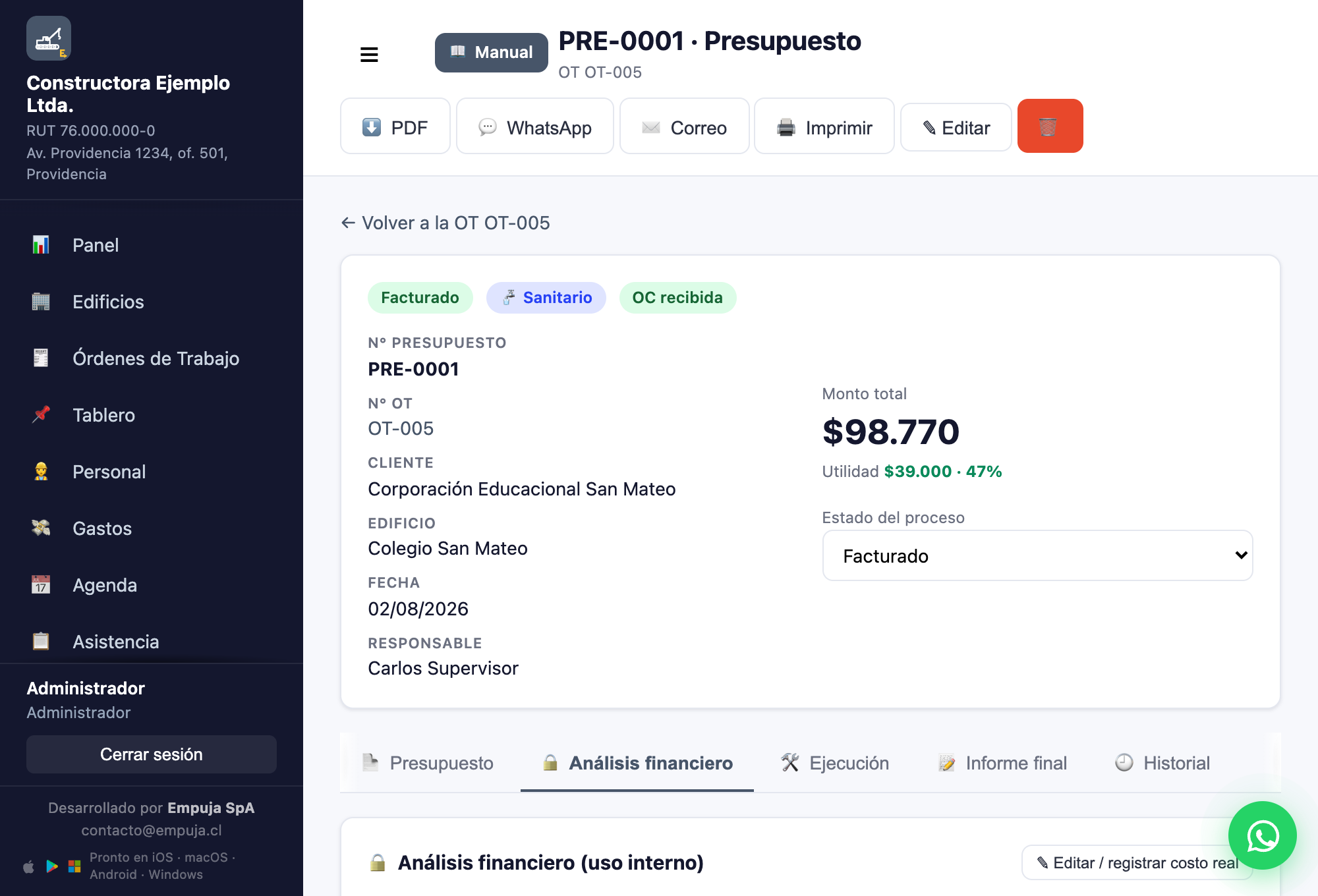 Empuja Obras — presupuesto con análisis de utilidad